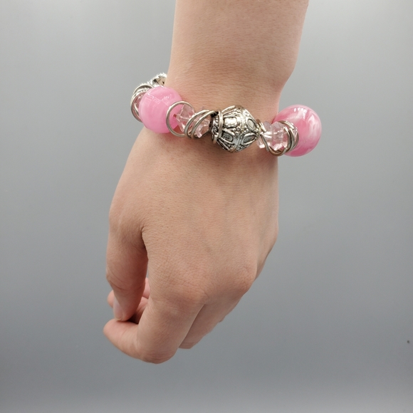 PInk and Silver Anchor Beaded Stretch Bracelet - Picture 3 of 5